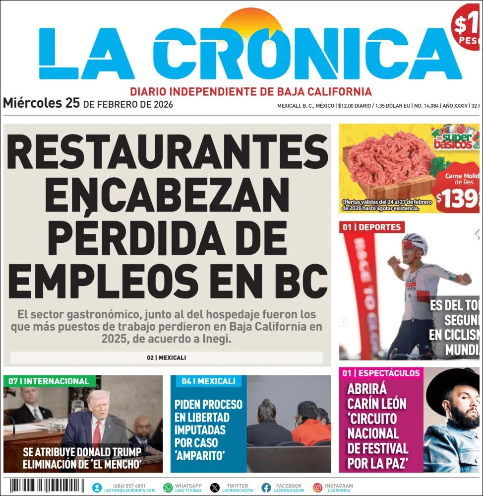 Portada de La Cronica del miércoles, 25 de febrero de 2026