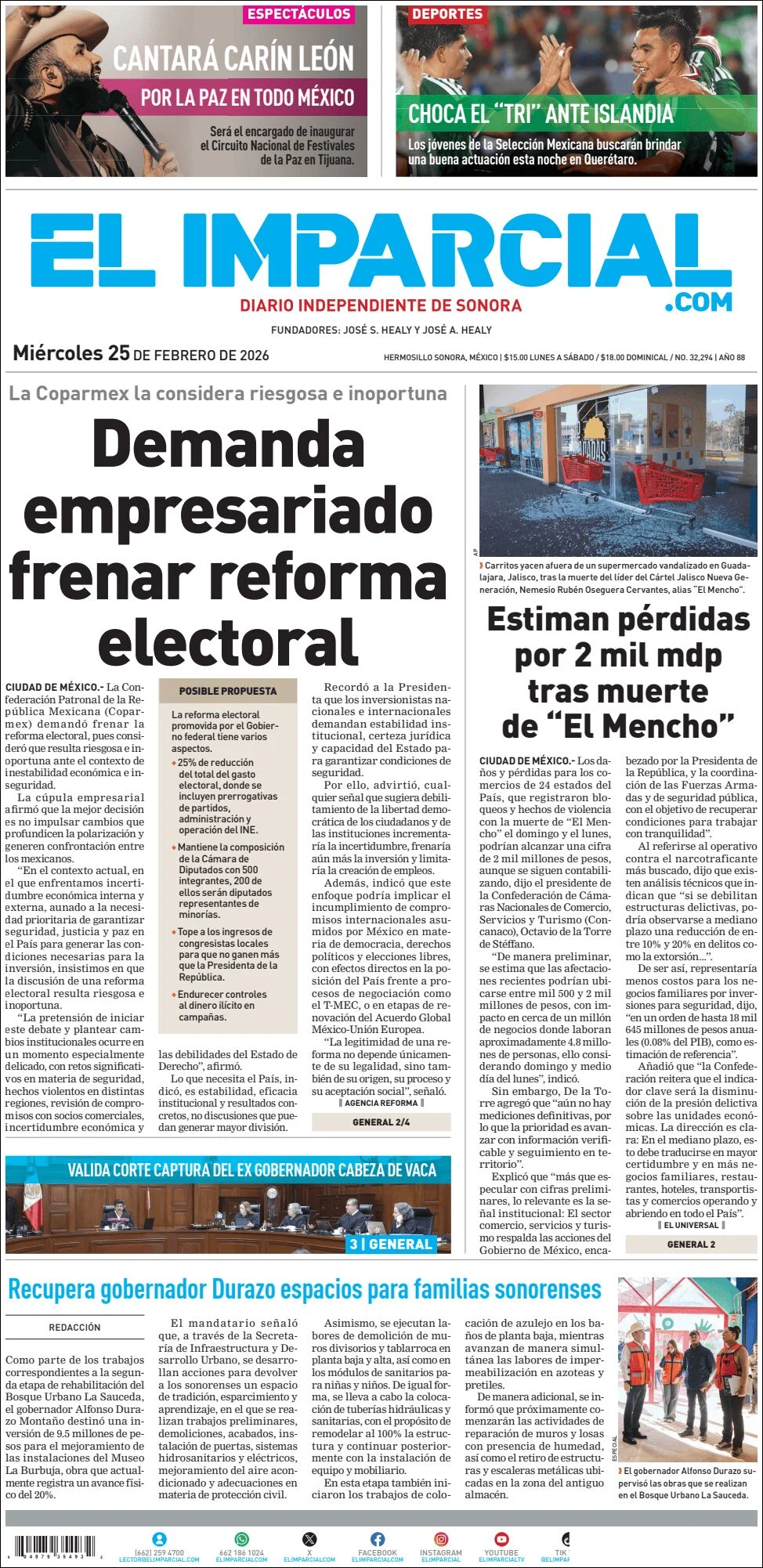 Portada de El Imparcial del miércoles, 25 de febrero de 2026
