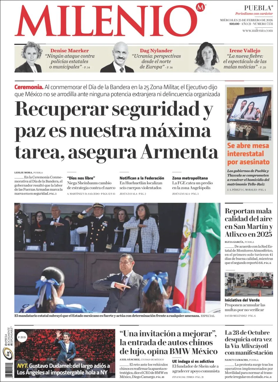 Portada de Milenio Puebla del miércoles, 25 de febrero de 2026