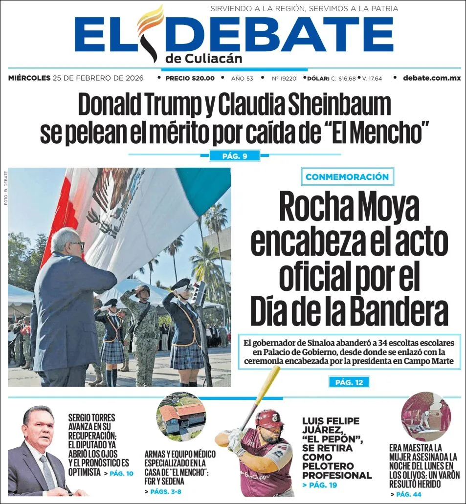 Portada de El Debate de Culiacan del miércoles, 25 de febrero de 2026