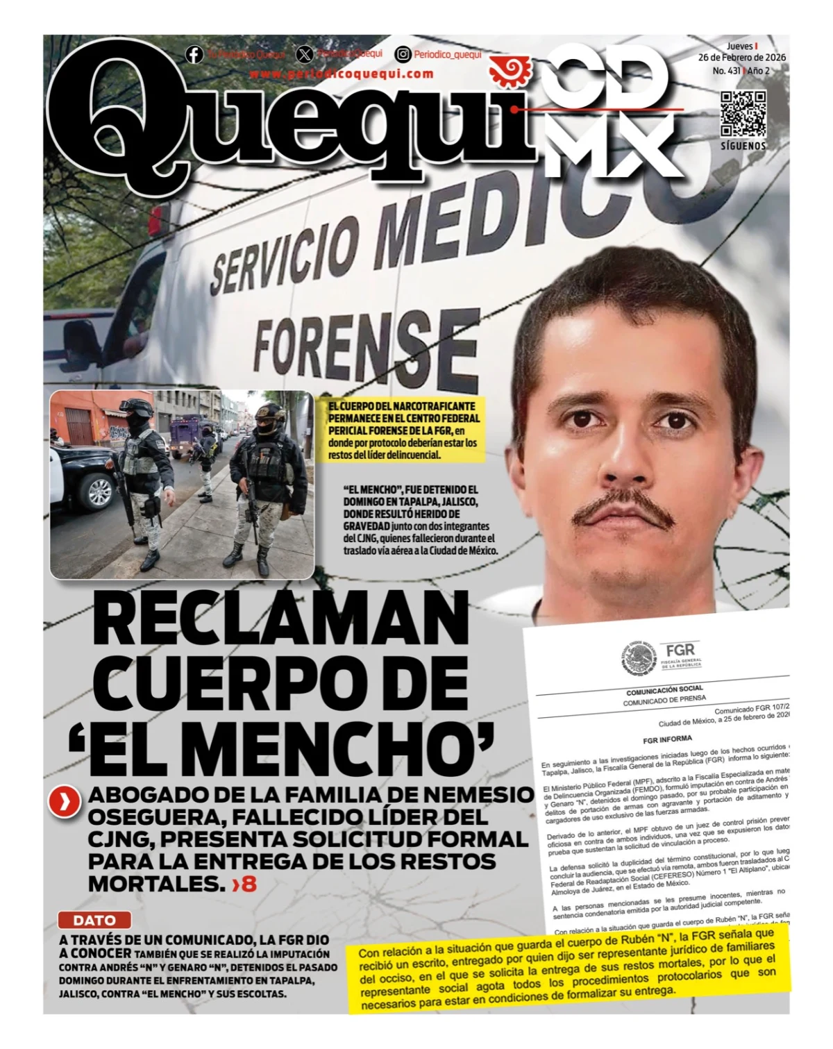 Portada de Quequi CDMX del jueves, 26 de febrero de 2026