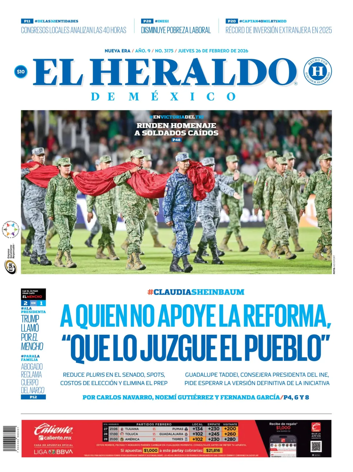 Portada de El Heraldo de Mexico del jueves, 26 de febrero de 2026