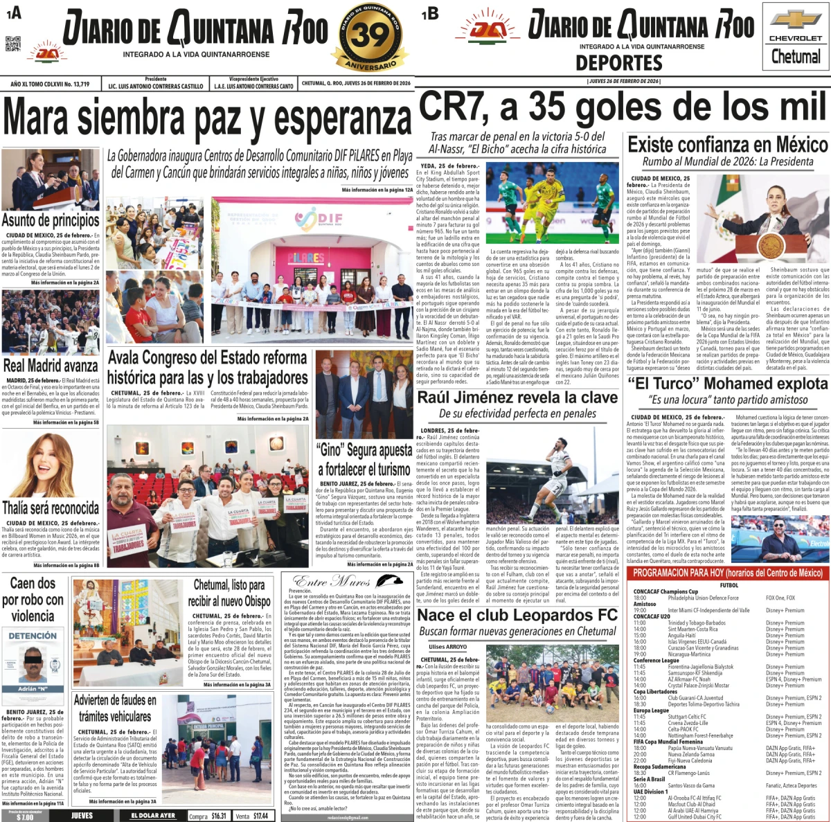 Portada de Diario de Quintana Roo (portada) del jueves, 26 de febrero de 2026