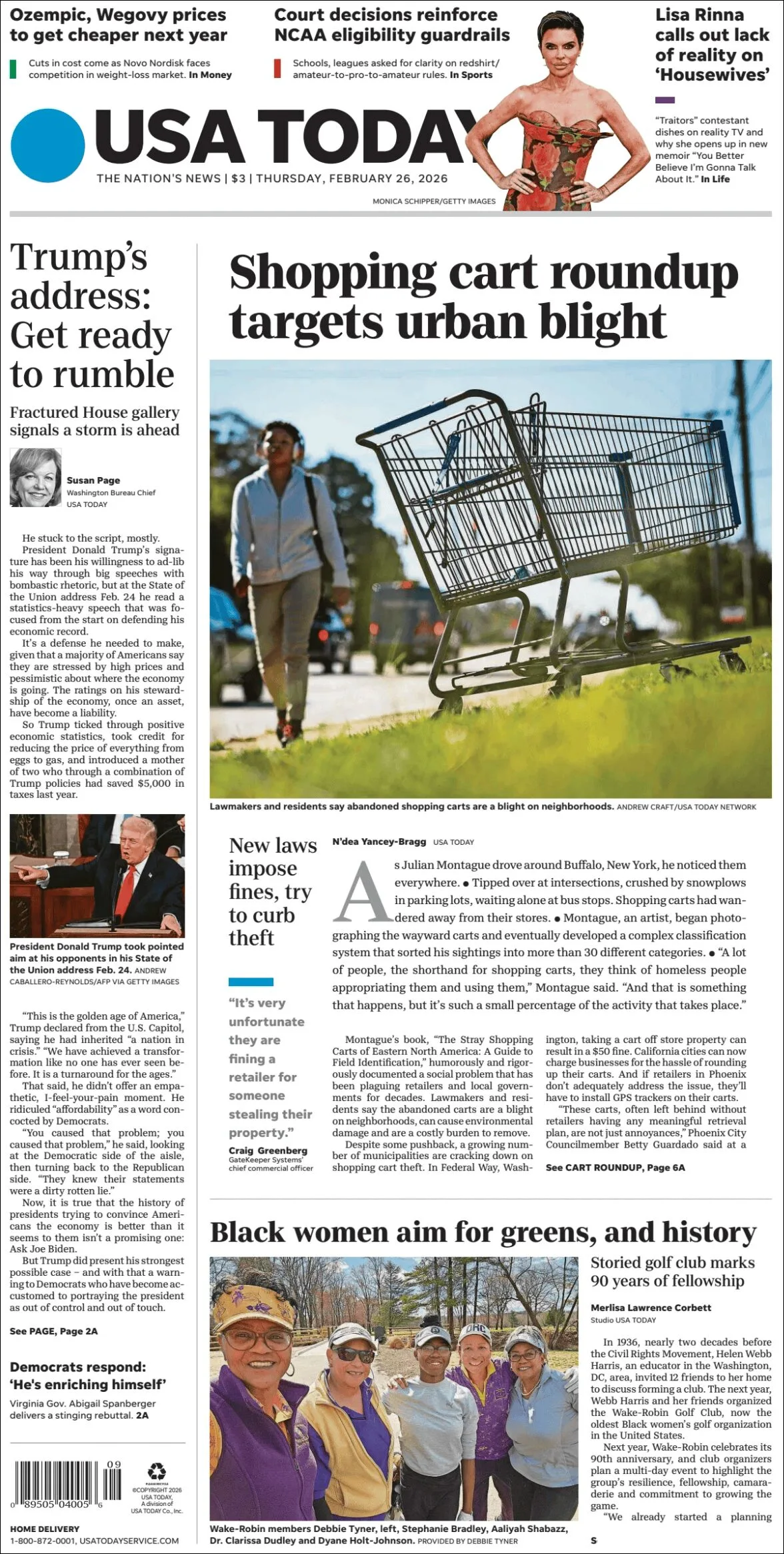 Portada de Usa Today del jueves, 26 de febrero de 2026