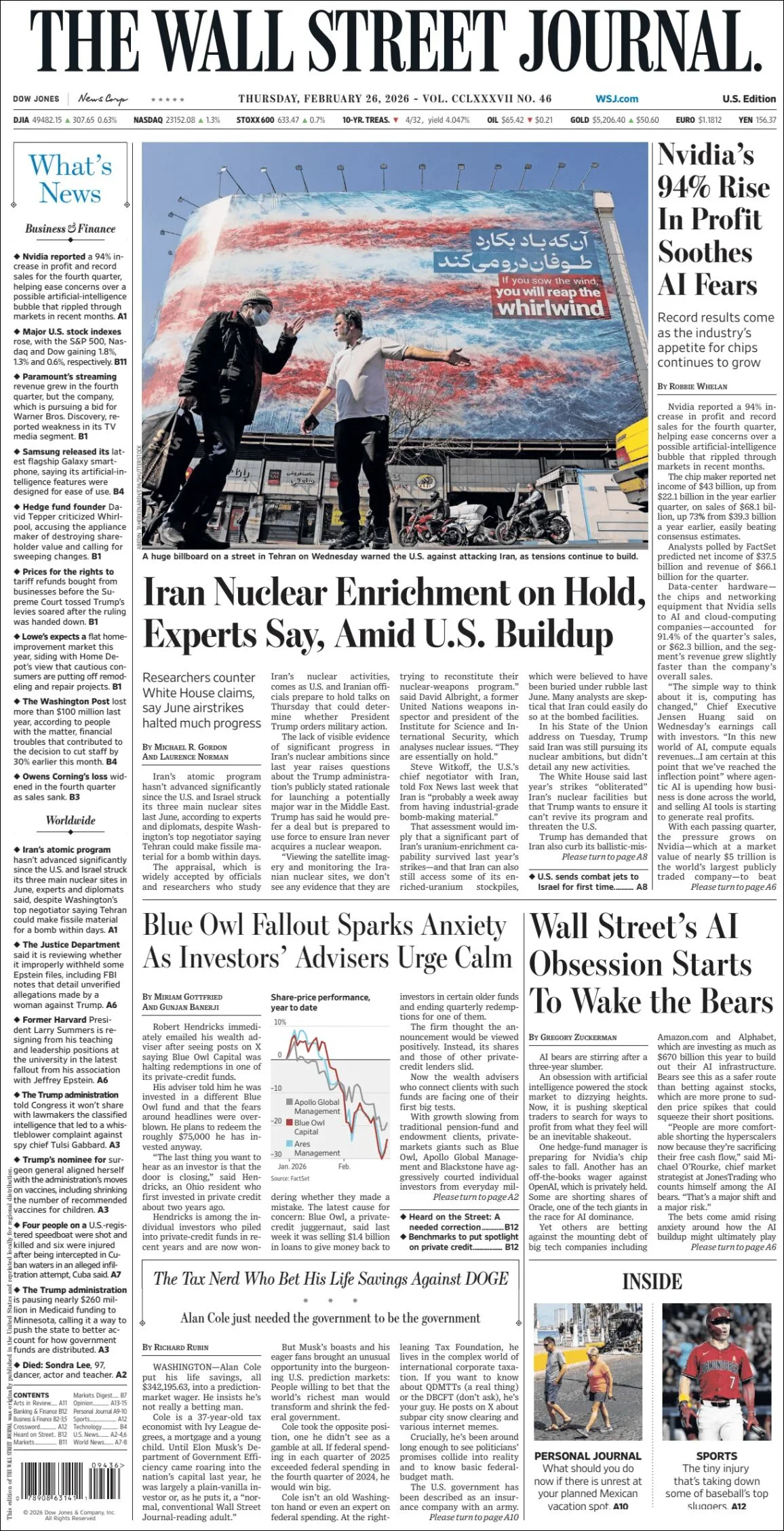 Portada de The Wall Street Journal del jueves, 26 de febrero de 2026