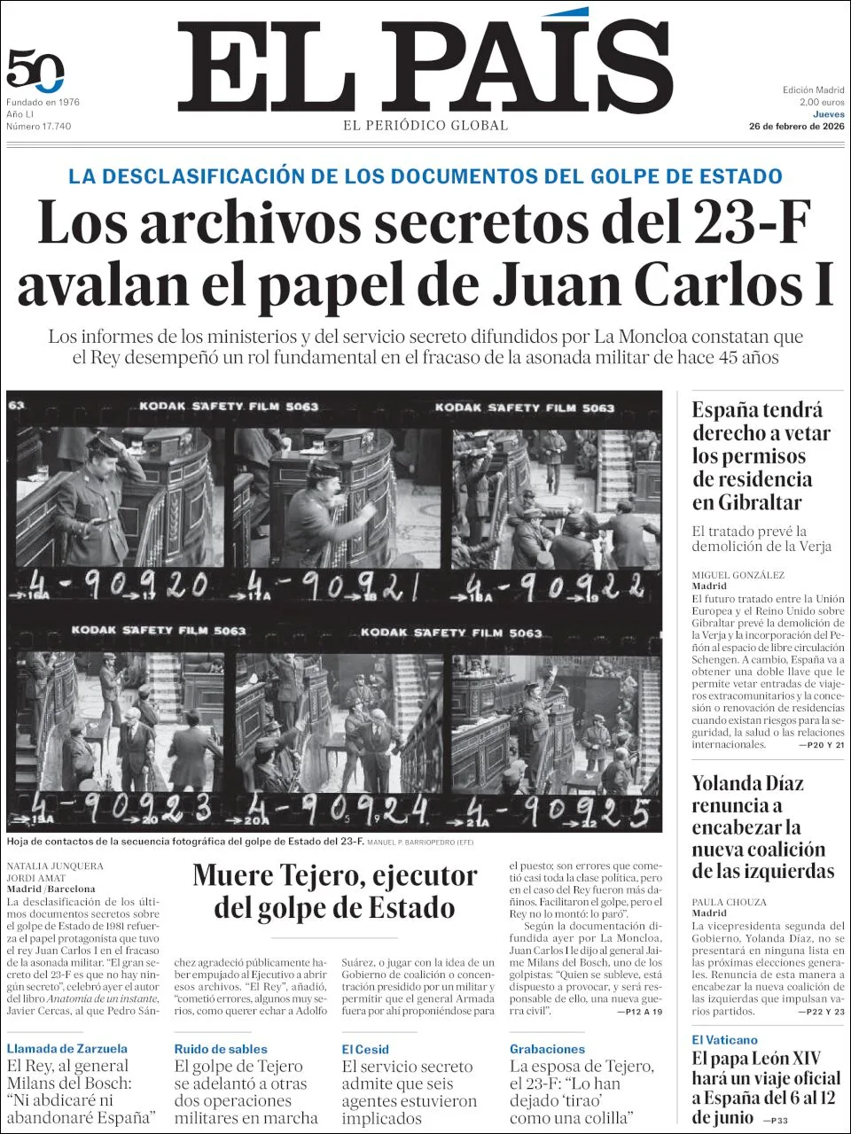 Portada de El Pais del jueves, 26 de febrero de 2026
