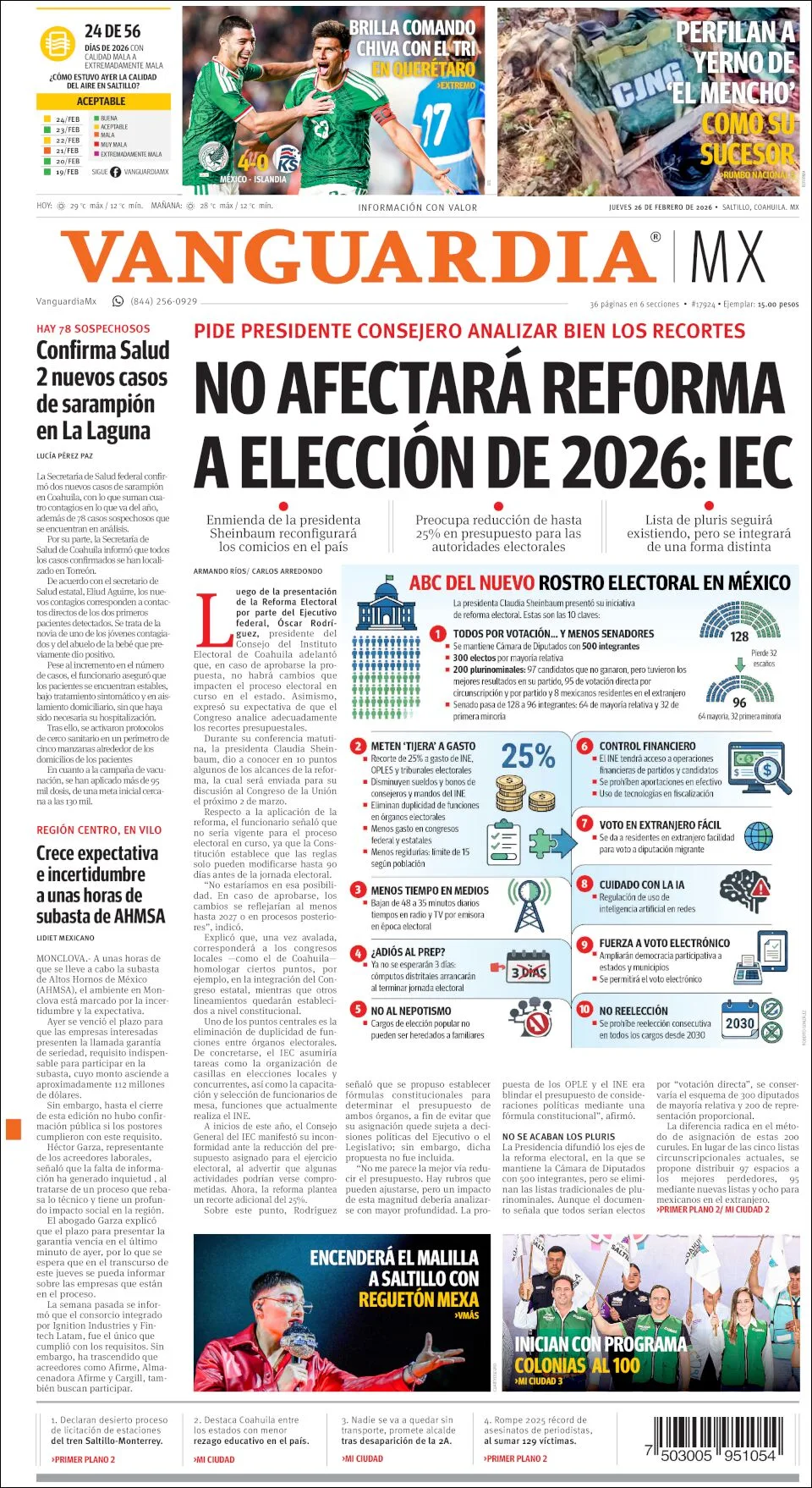 Portada de Vanguardia del jueves, 26 de febrero de 2026
