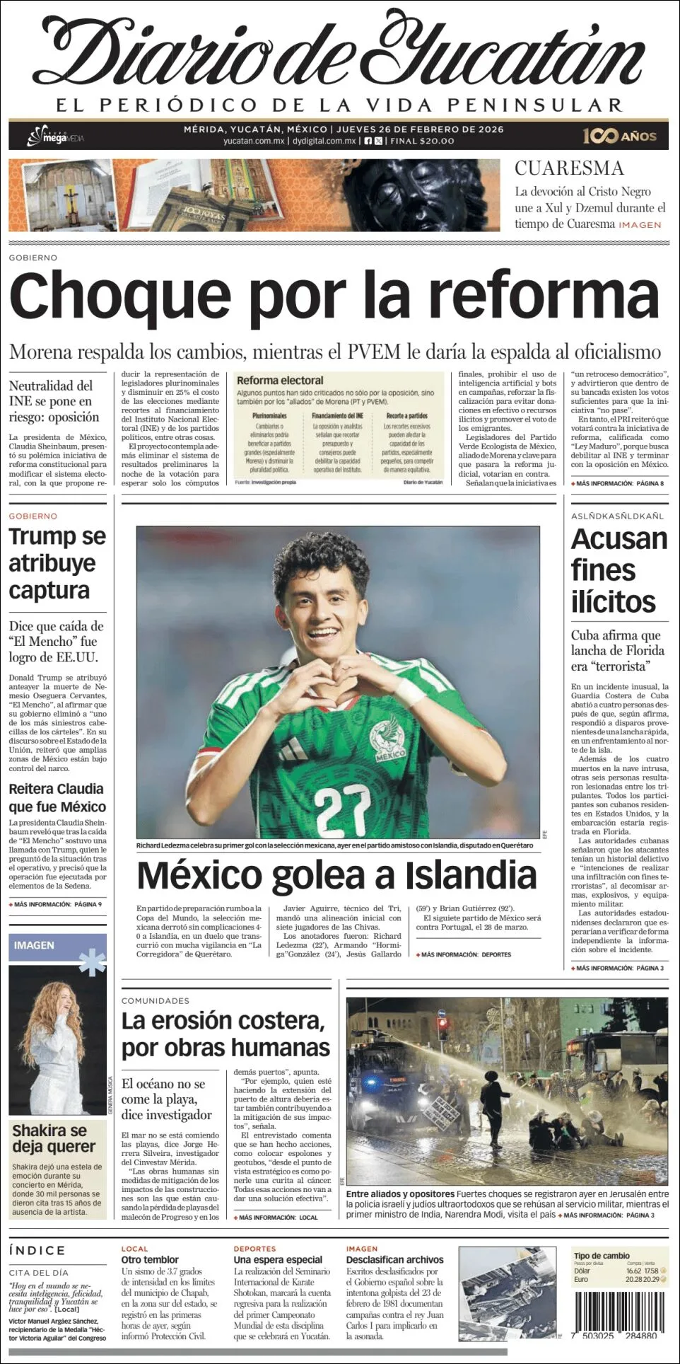 Portada de Diario de Yucatán del jueves, 26 de febrero de 2026