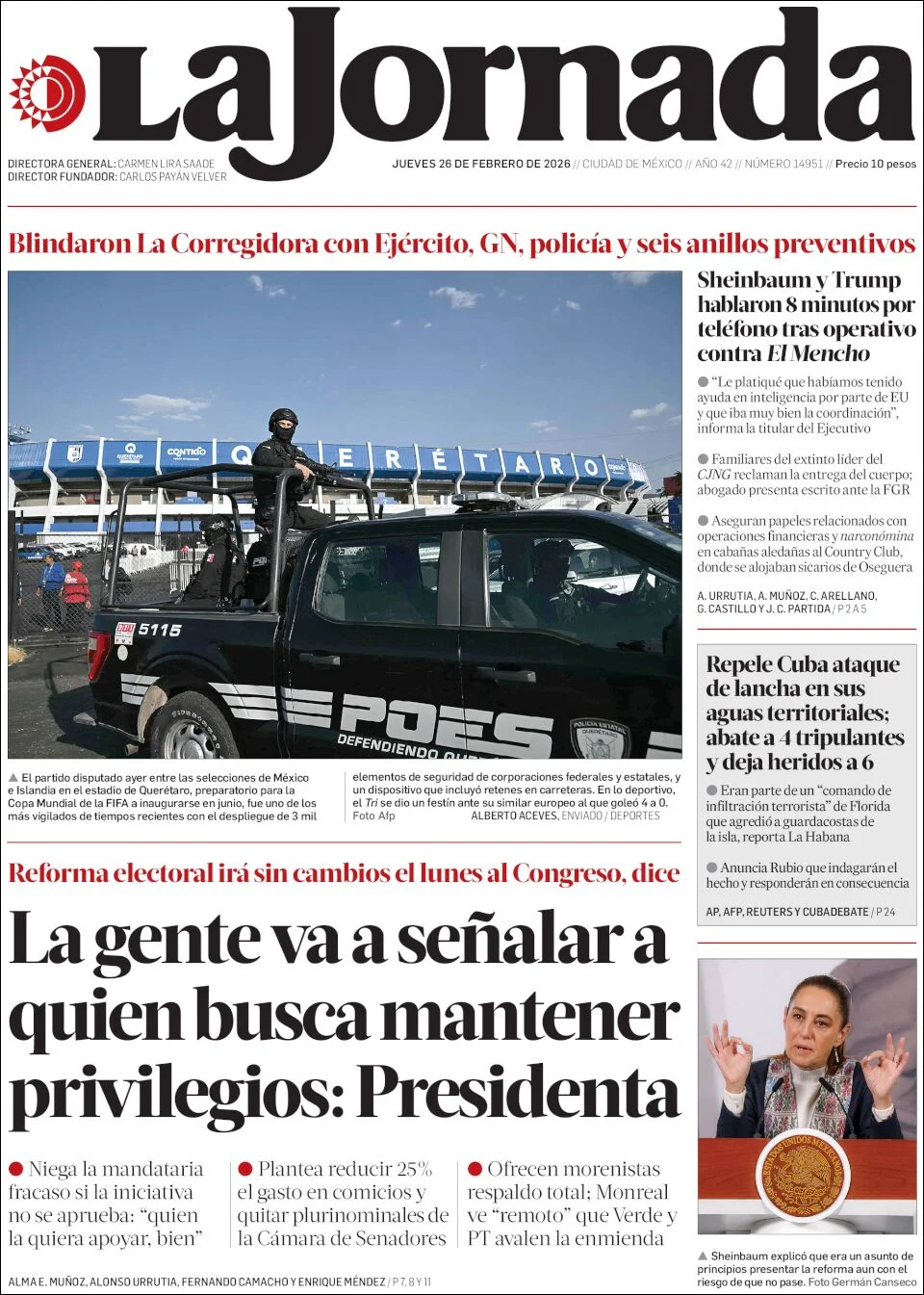 Portada de La Jornada del jueves, 26 de febrero de 2026
