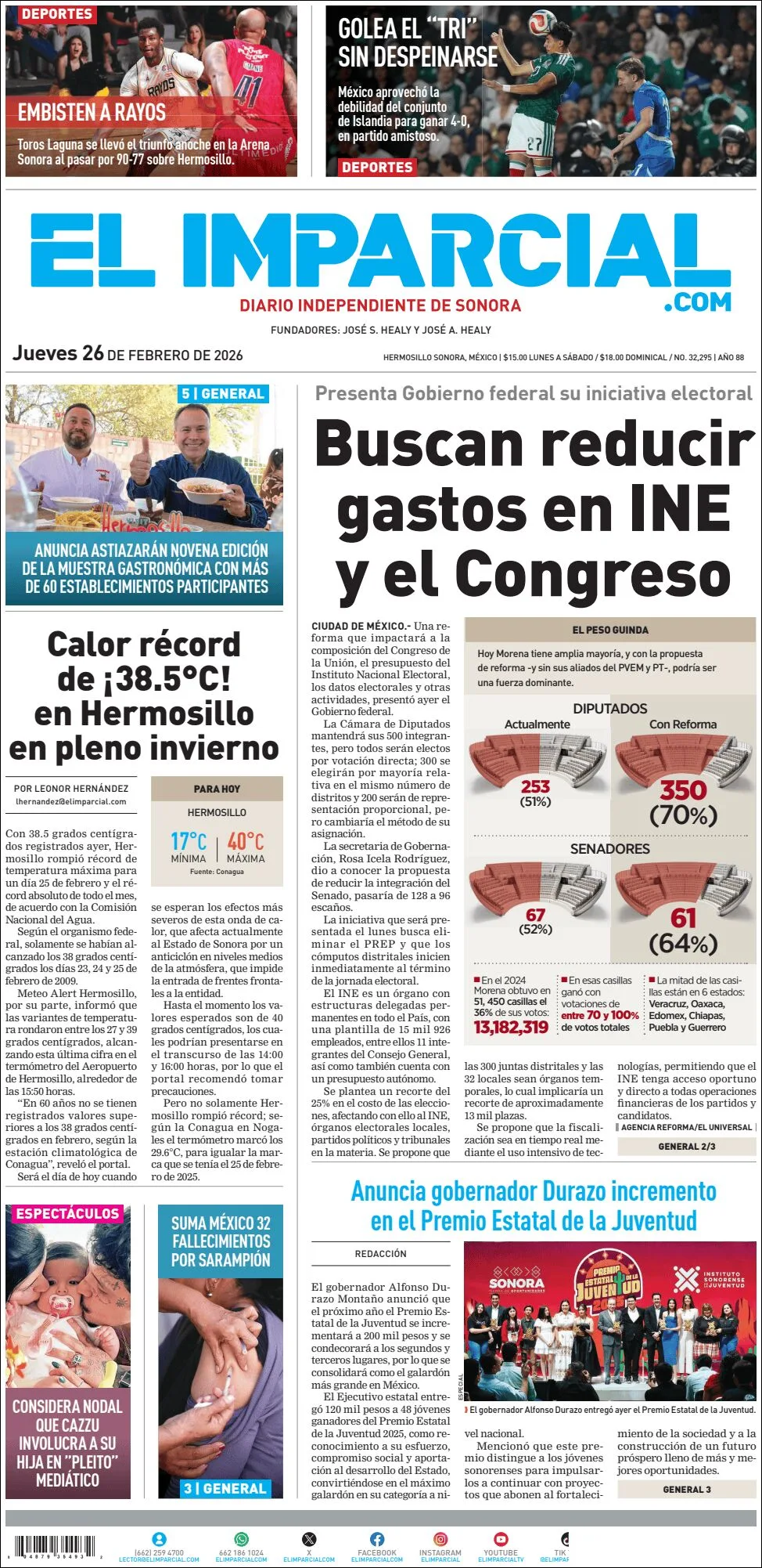 Portada de El Imparcial del jueves, 26 de febrero de 2026