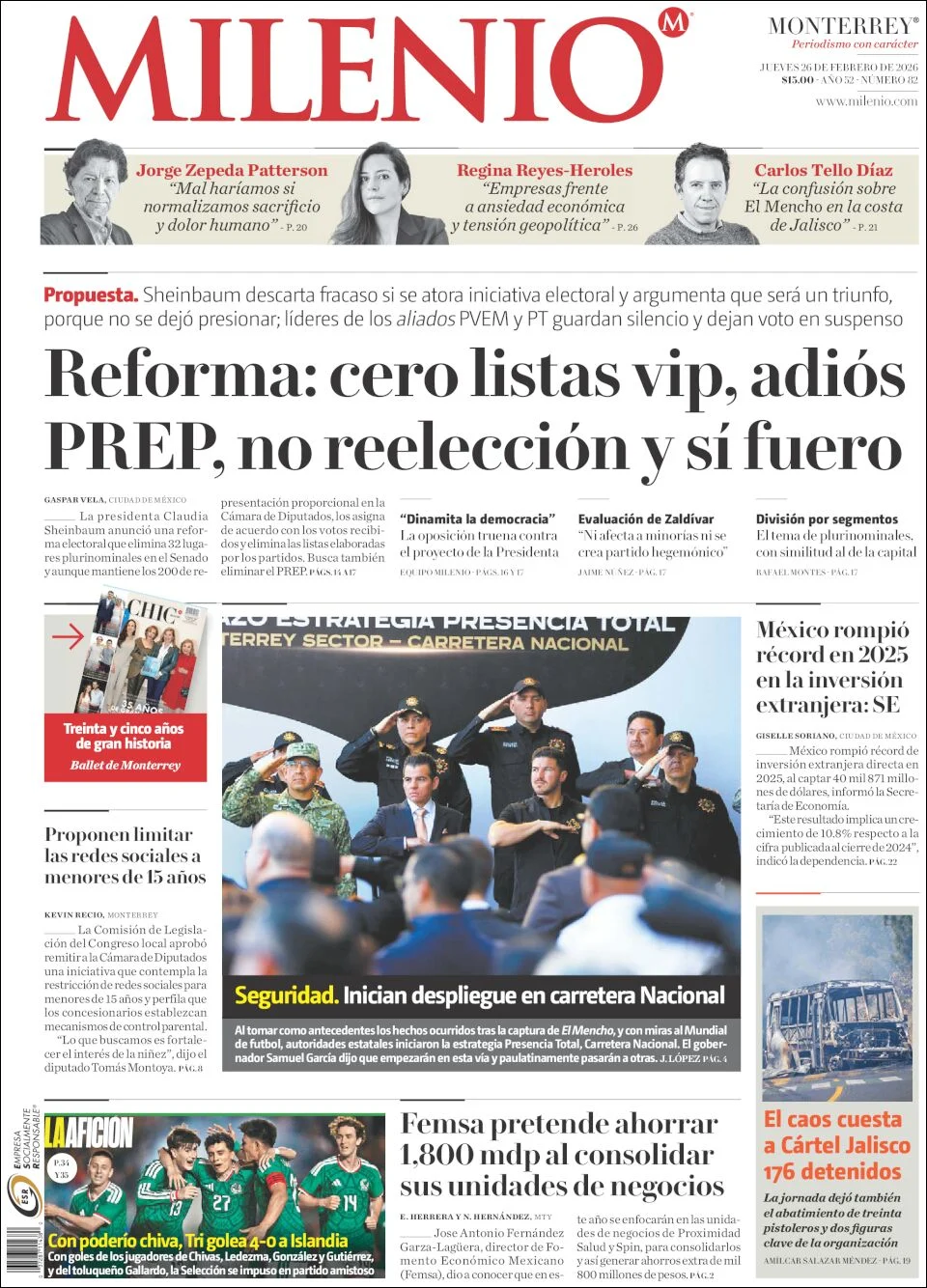 Portada de Milenio del jueves, 26 de febrero de 2026