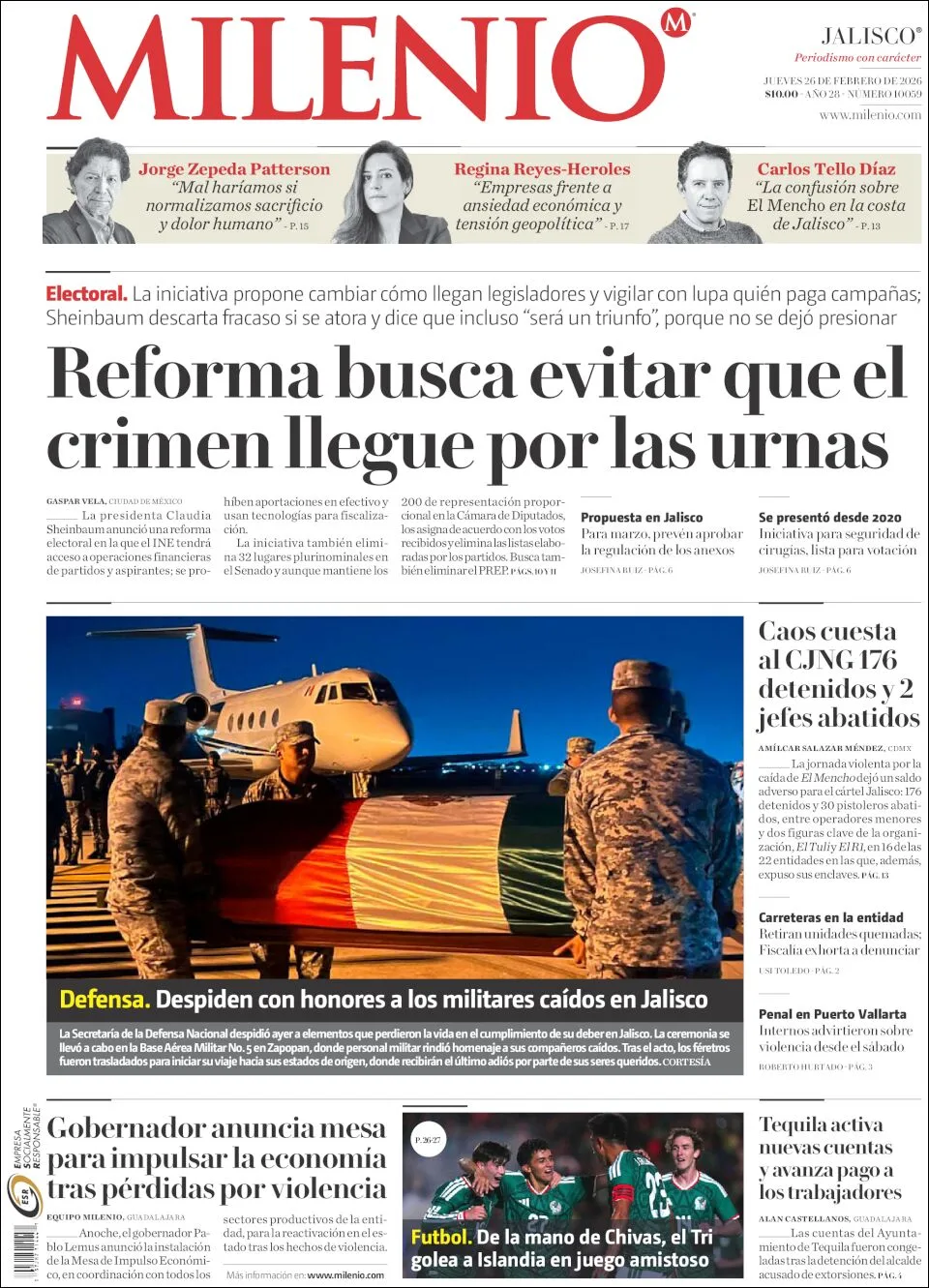 Portada de Milenio Jalisco del jueves, 26 de febrero de 2026