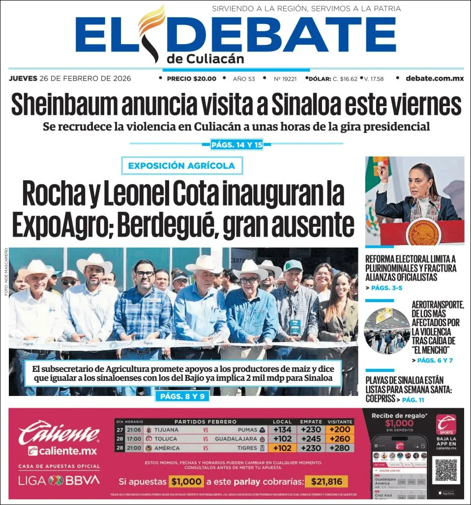 Portada de El Debate de Culiacan del jueves, 26 de febrero de 2026