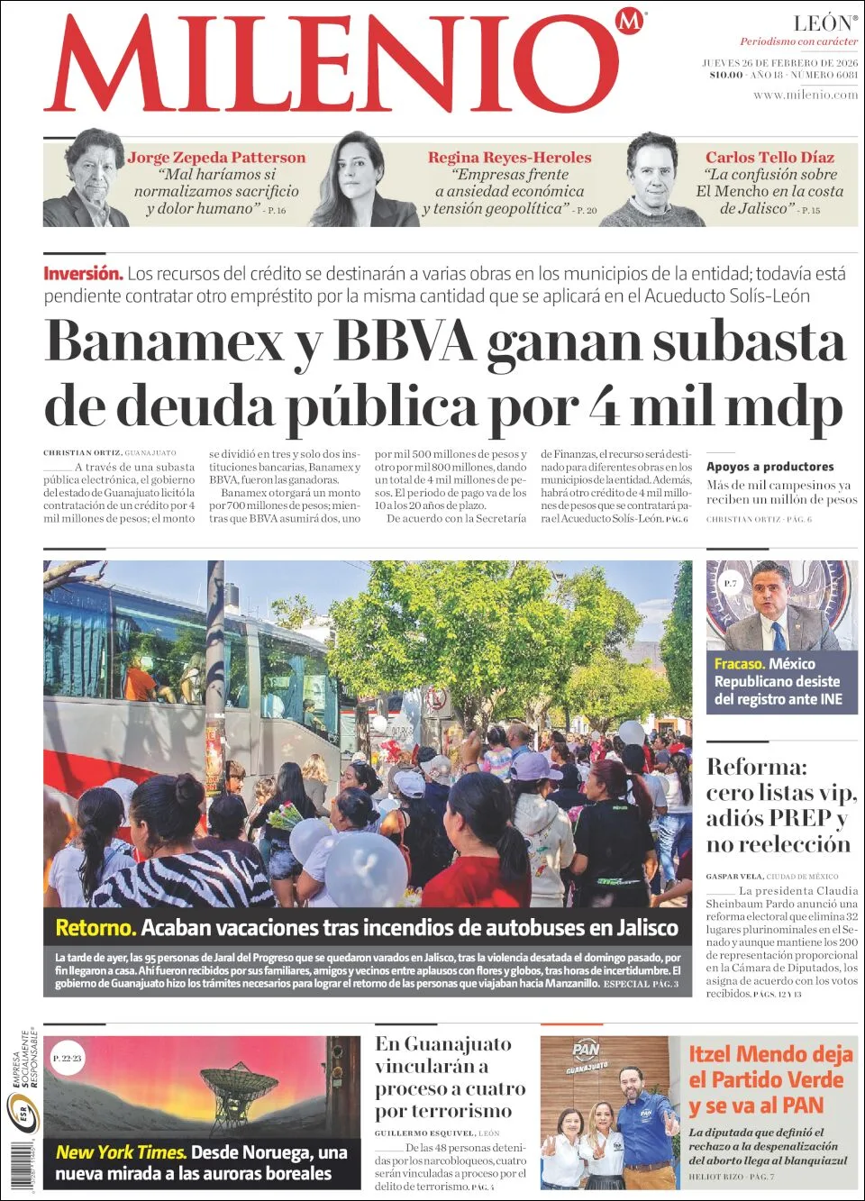 Portada de Milenio Leon del jueves, 26 de febrero de 2026