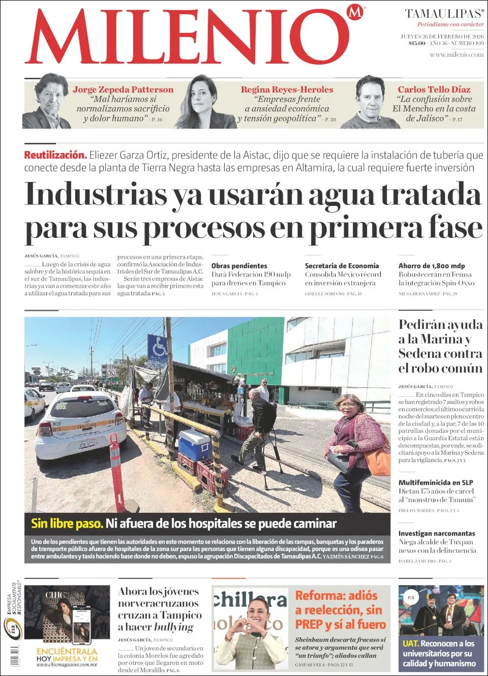 Portada de Milenio Tamaulipas del jueves, 26 de febrero de 2026