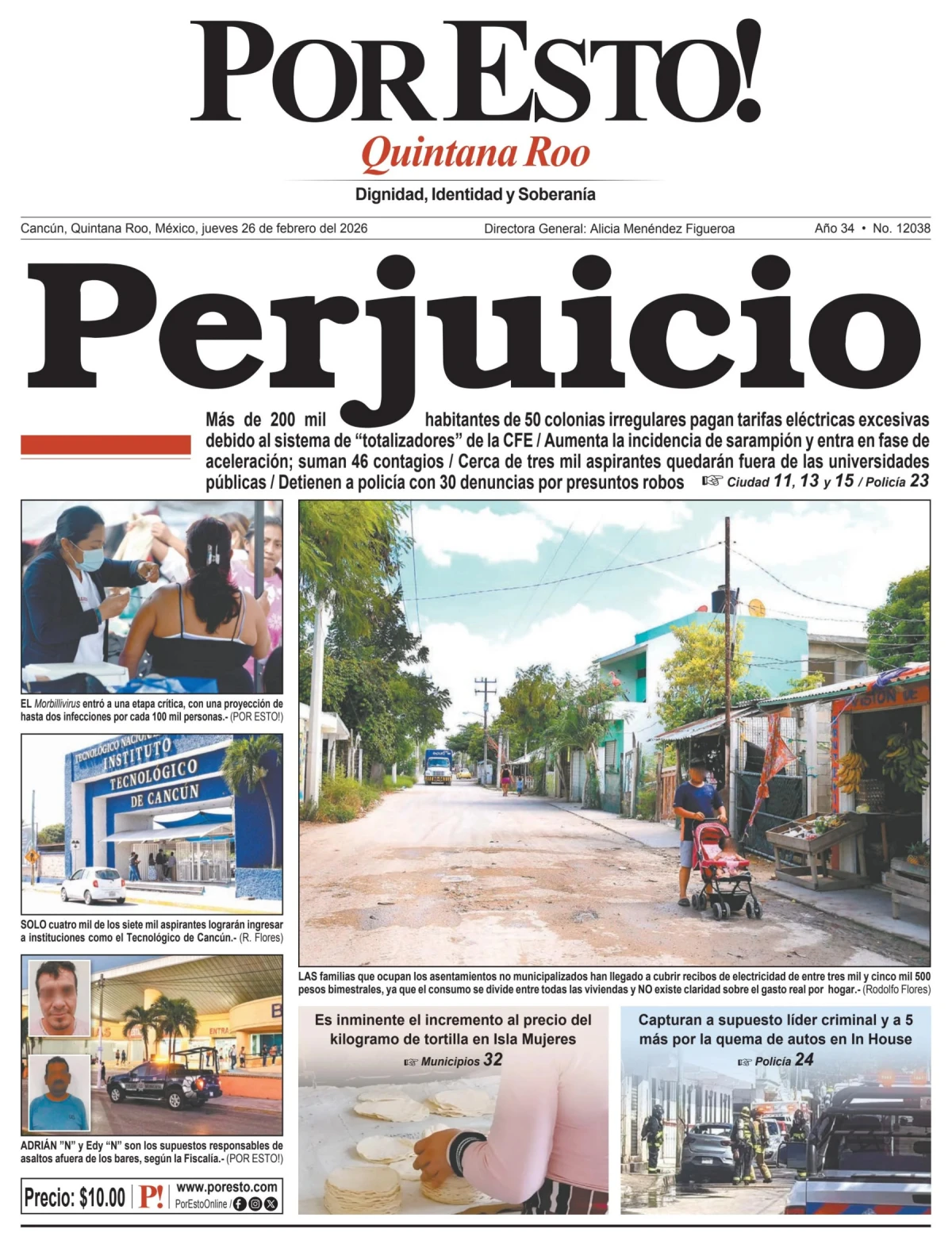 Portada de Por Esto (quintana Roo Cancun) del jueves, 26 de febrero de 2026