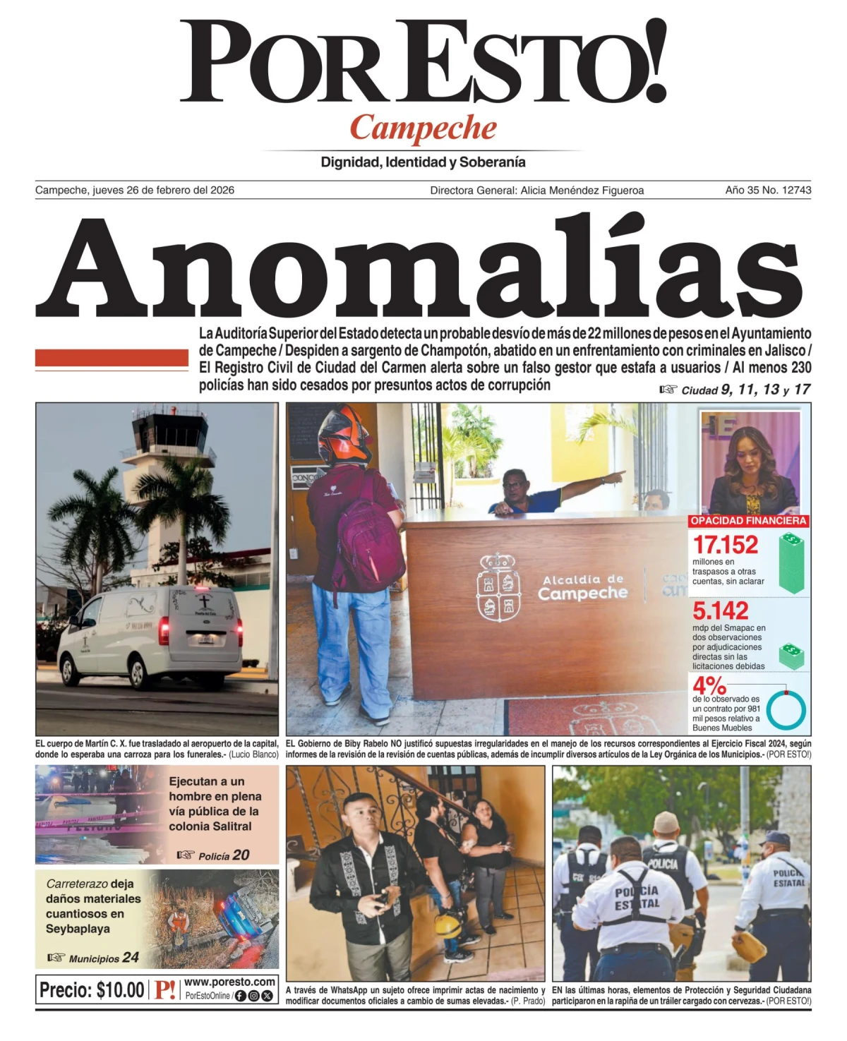 Portada de Por Esto (campeche) del jueves, 26 de febrero de 2026