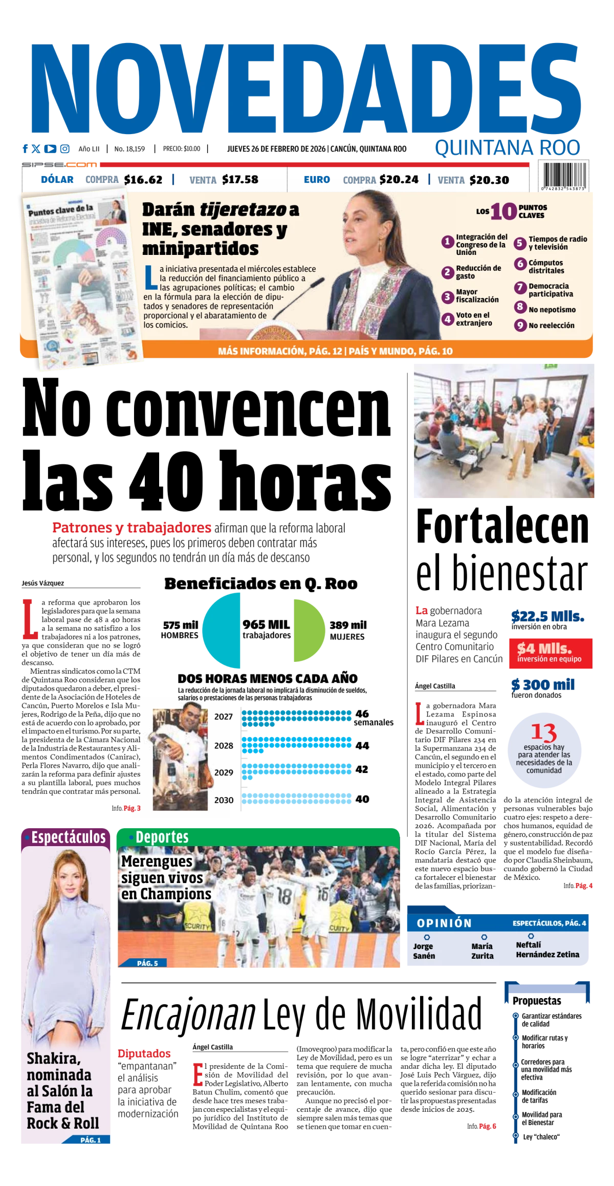 Portada de Novedades Quintana Roo del jueves, 26 de febrero de 2026