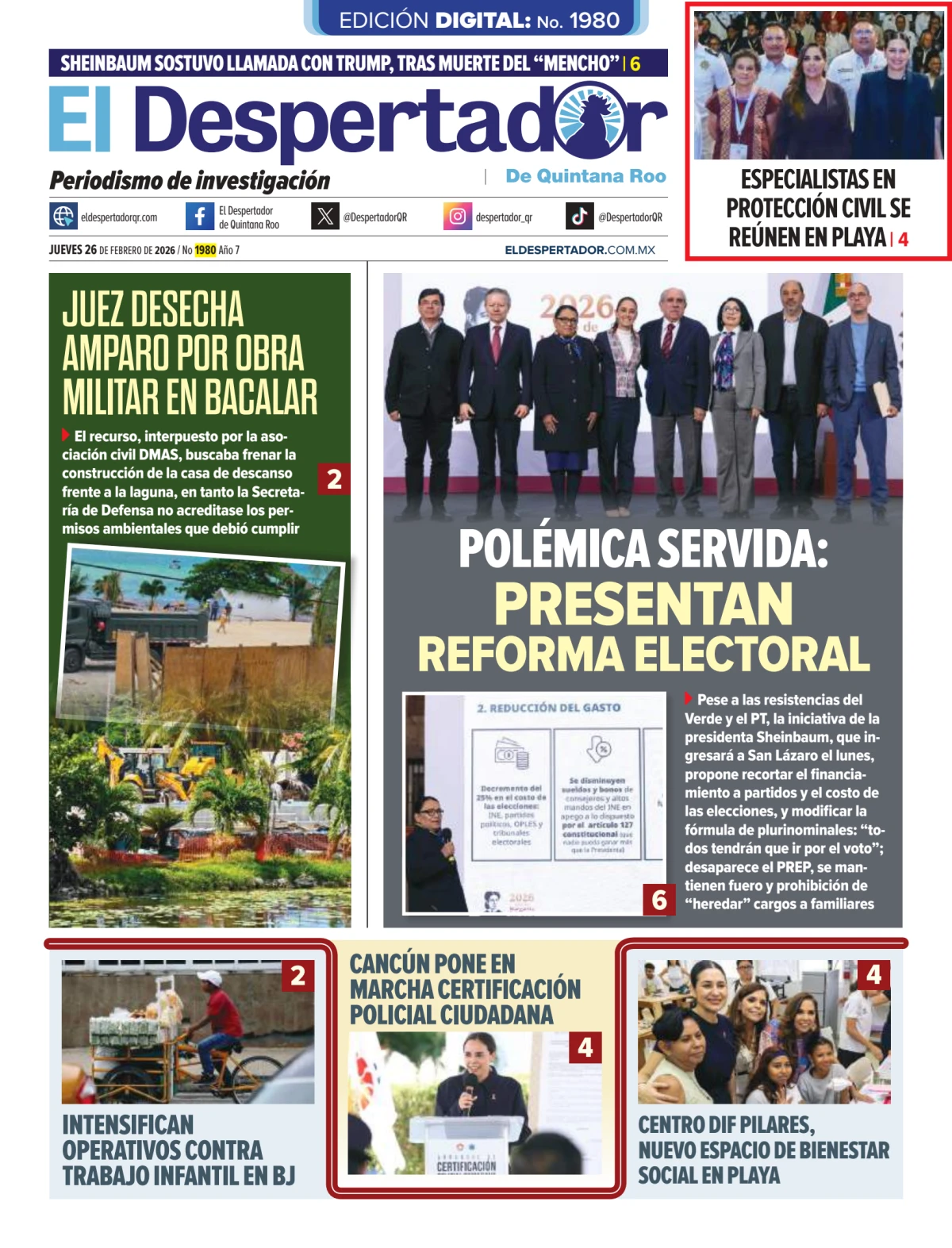 Portada de El Despertador de Quintana Roo del jueves, 26 de febrero de 2026