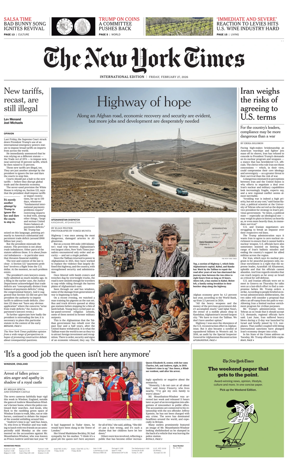 Portada de The New York Times (international) del viernes, 27 de febrero de 2026