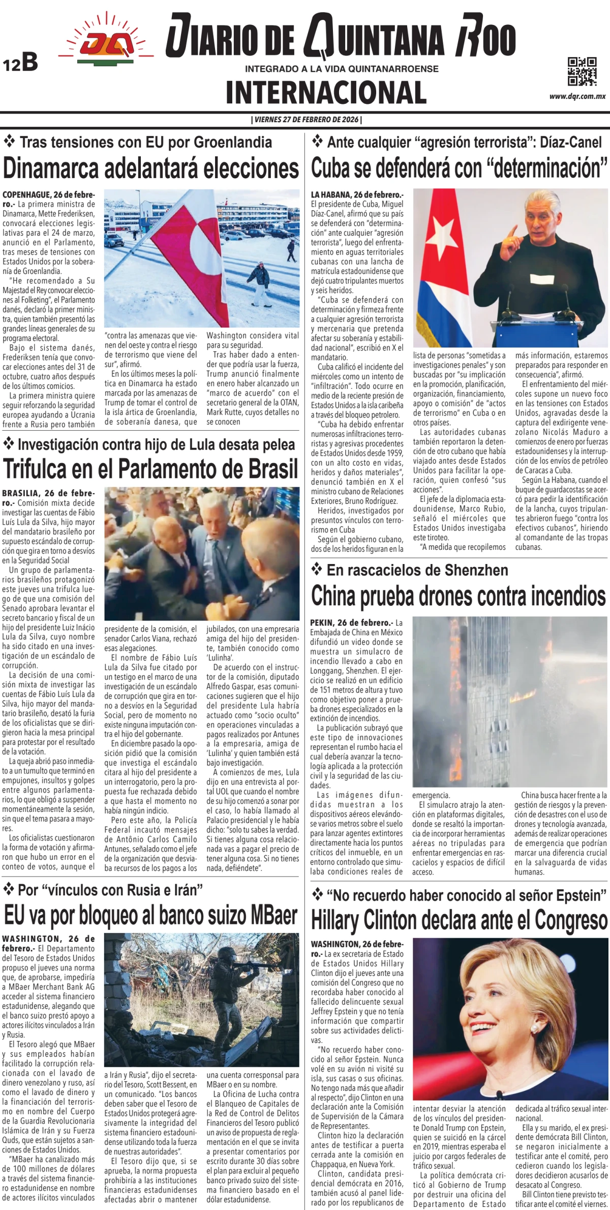 Portada de Diario de Quintana Roo (contra Portada) del viernes, 27 de febrero de 2026
