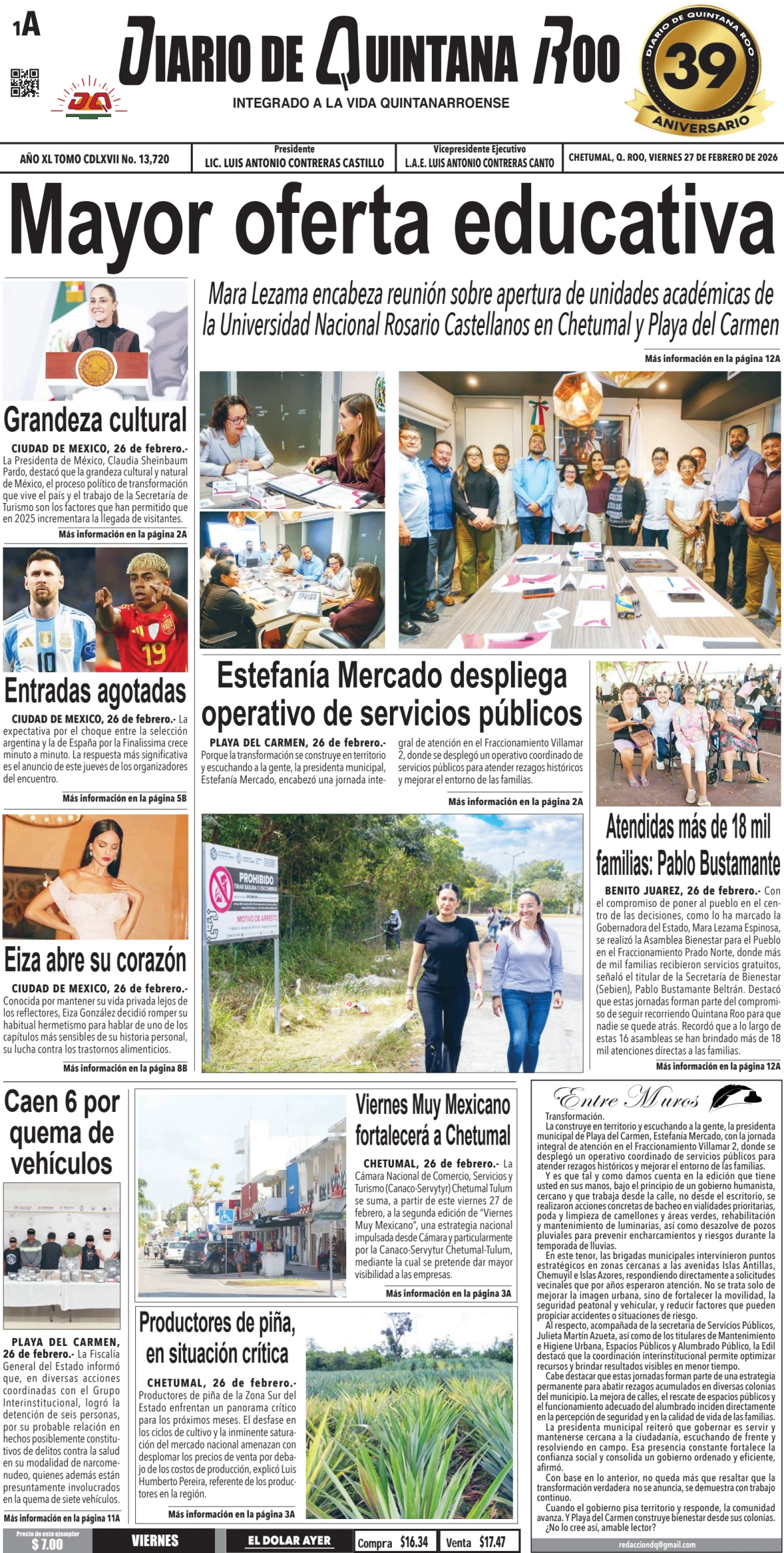Portada de Diario de Quintana Roo (portada) del viernes, 27 de febrero de 2026