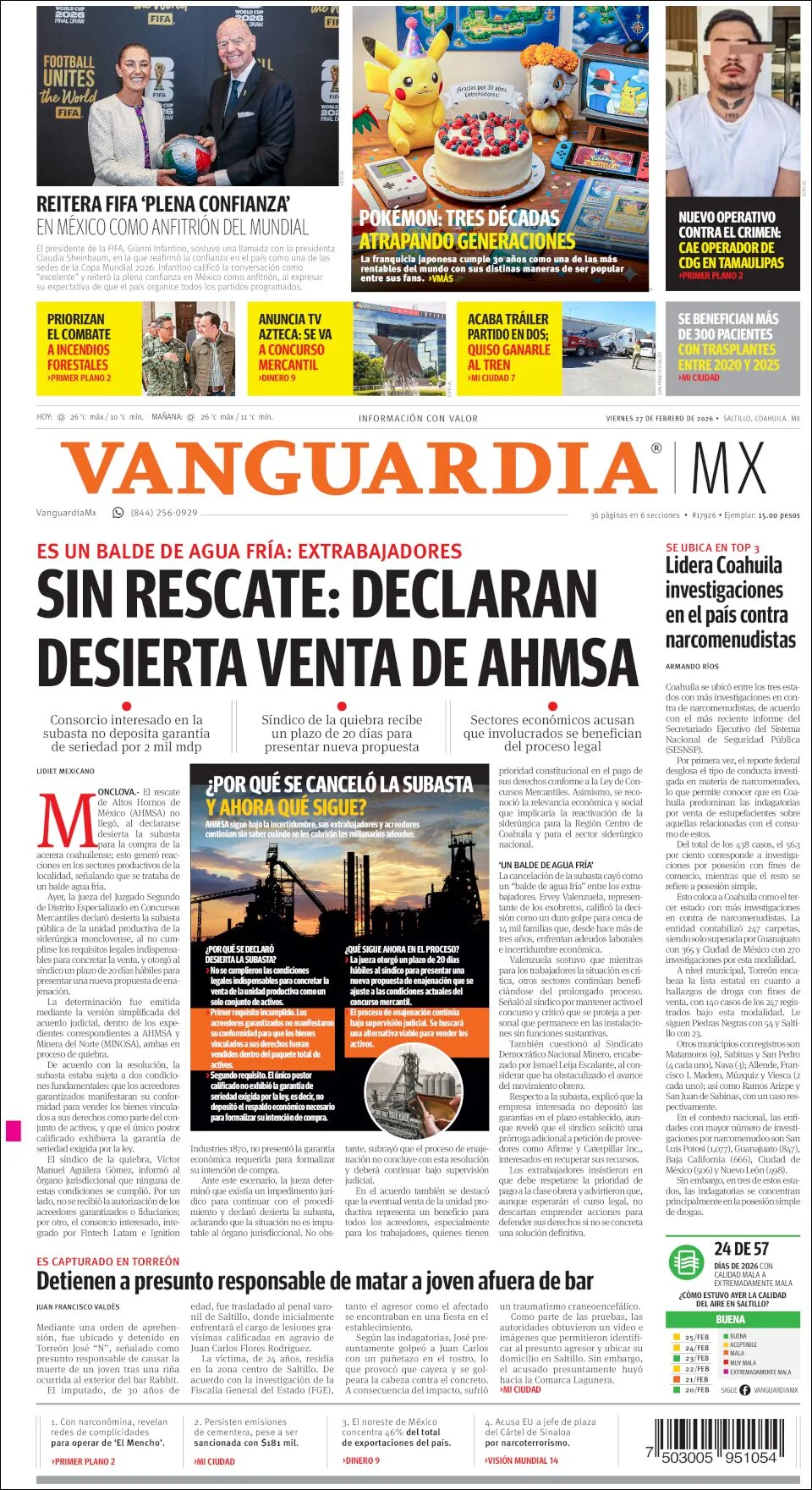 Portada de Vanguardia del viernes, 27 de febrero de 2026