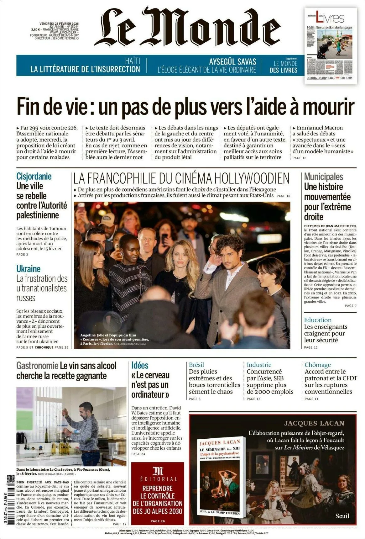 Portada de Le Monde del viernes, 27 de febrero de 2026