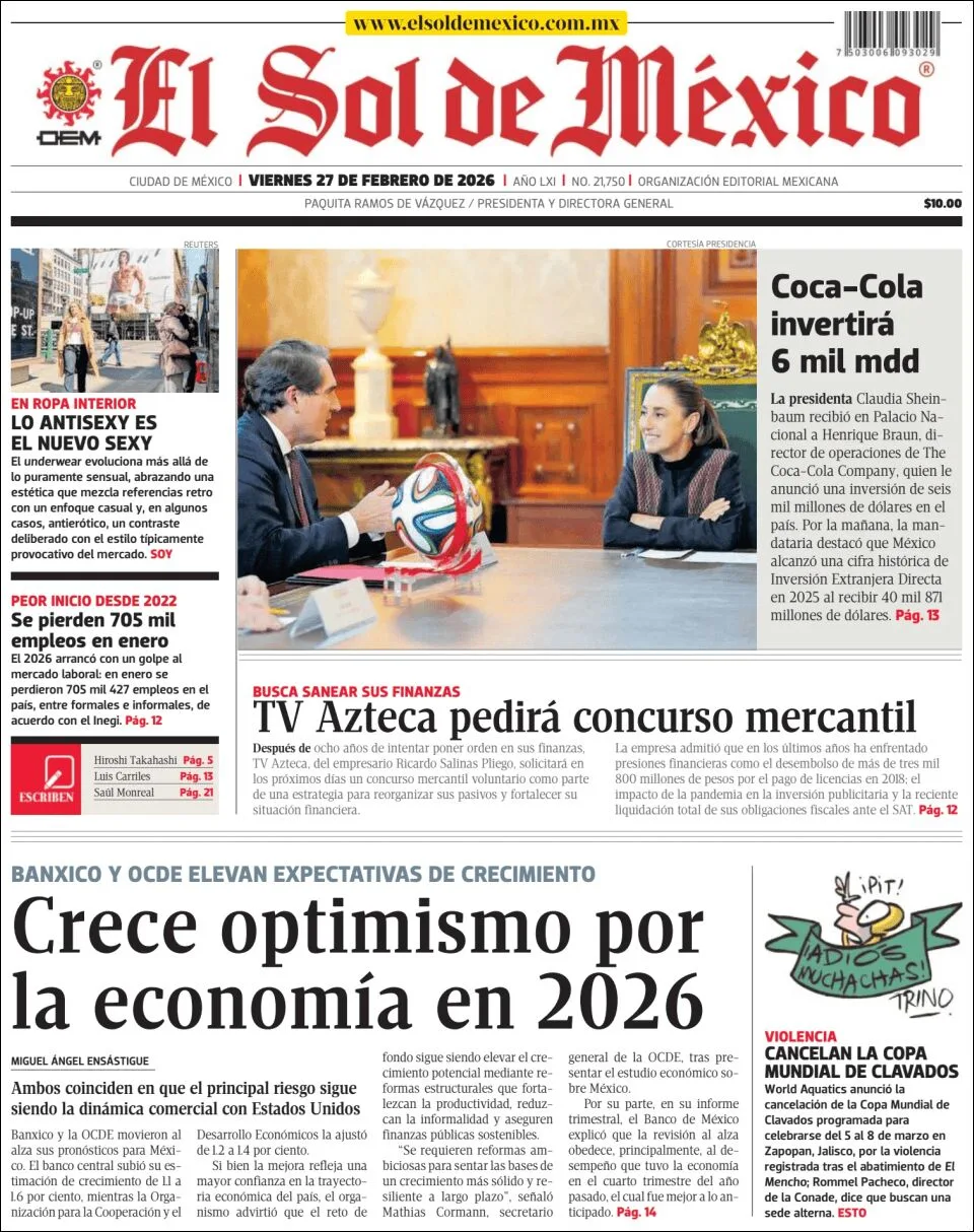 Portada de El Sol de Mexico del viernes, 27 de febrero de 2026