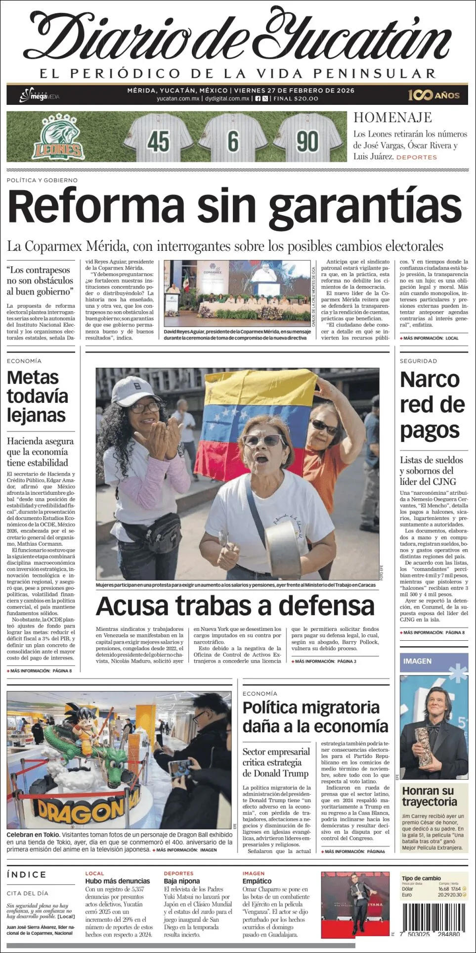 Portada de Diario de Yucatán del viernes, 27 de febrero de 2026