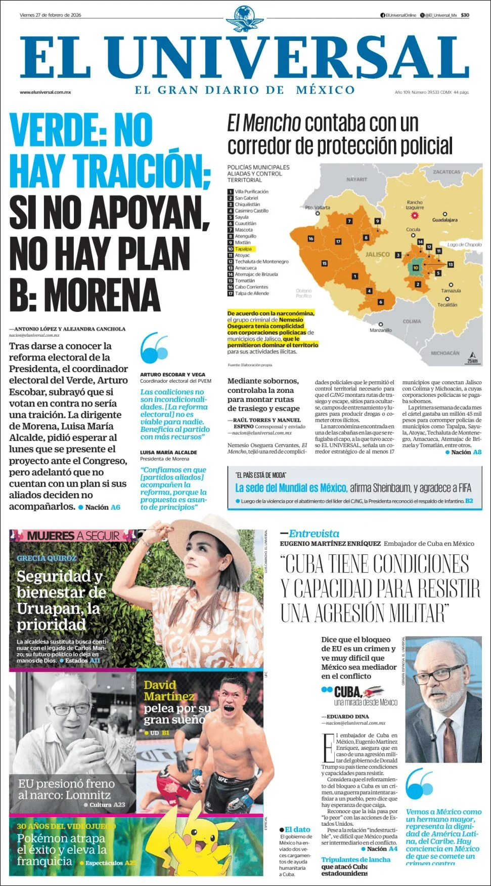 Portada de El Universal del viernes, 27 de febrero de 2026