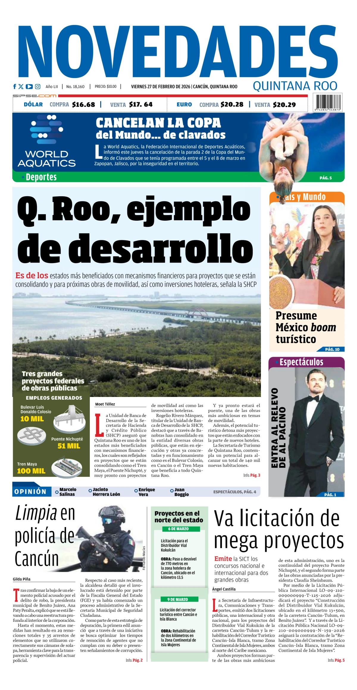 Portada de Novedades Quintana Roo del viernes, 27 de febrero de 2026