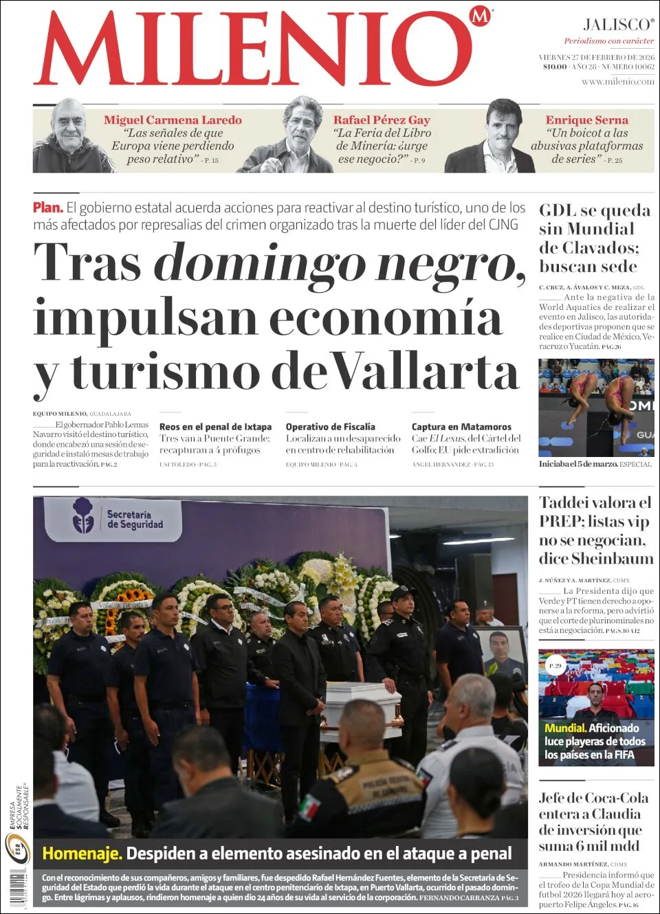 Portada de Milenio Jalisco del viernes, 27 de febrero de 2026