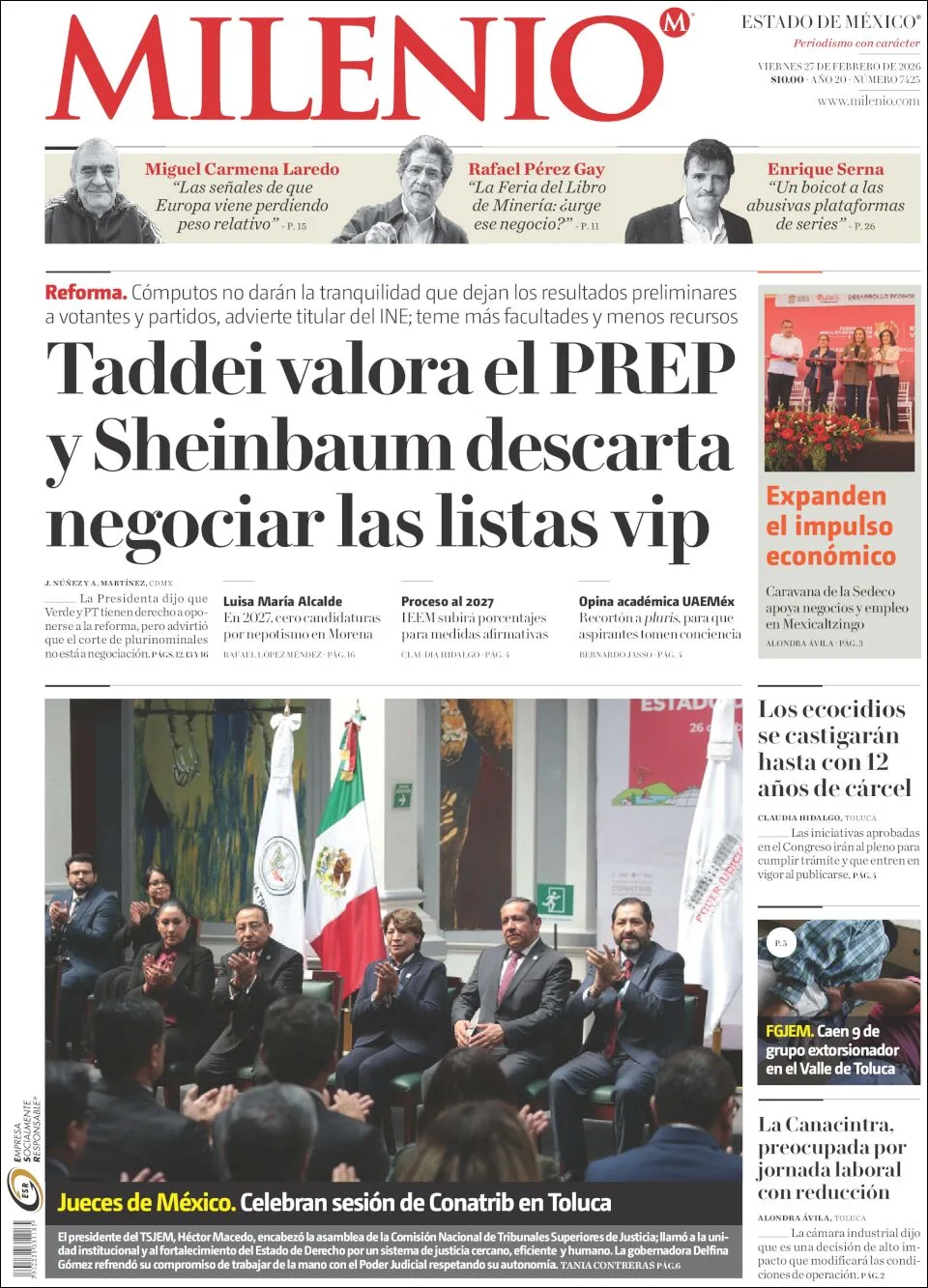 Portada de Milenio Edo de Mexico del viernes, 27 de febrero de 2026