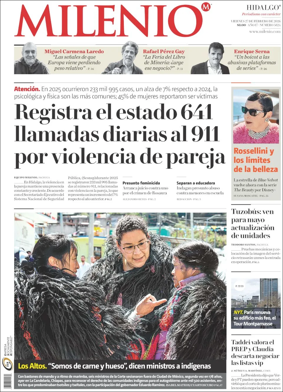 Portada de Milenio Hidalgo del viernes, 27 de febrero de 2026