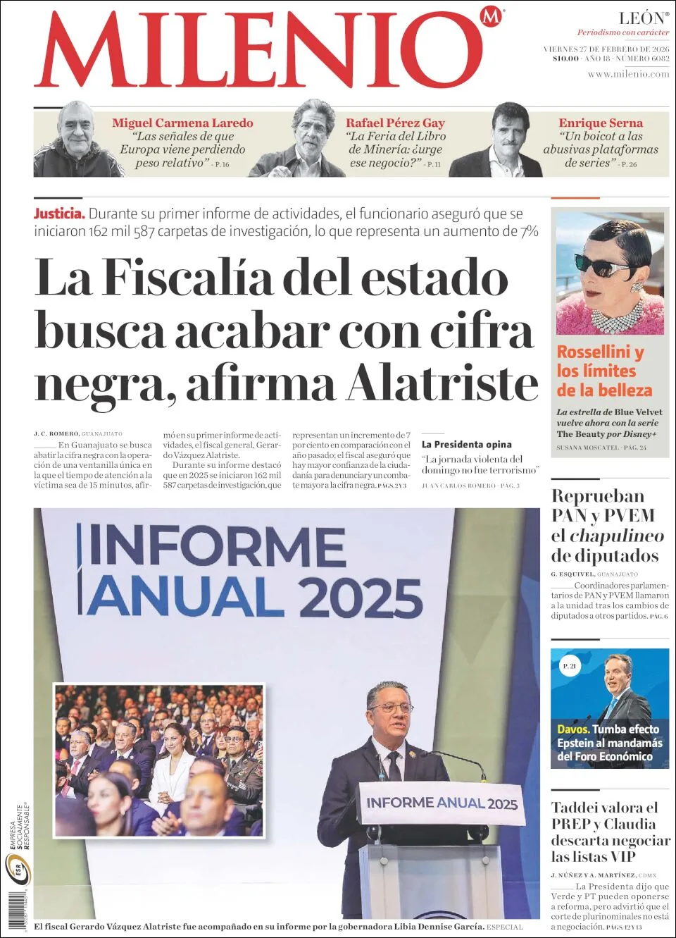 Portada de Milenio Leon del viernes, 27 de febrero de 2026