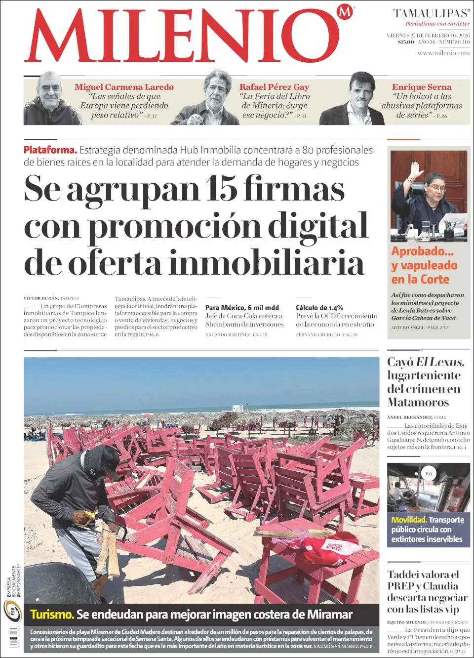 Portada de Milenio Tamaulipas del viernes, 27 de febrero de 2026