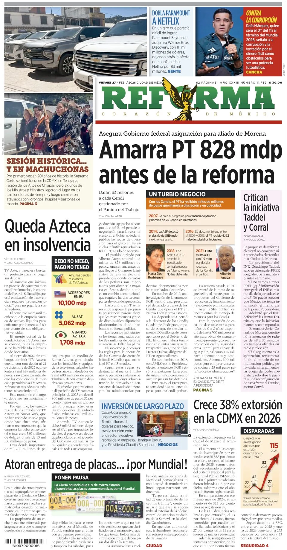 Portada de Reforma del viernes, 27 de febrero de 2026