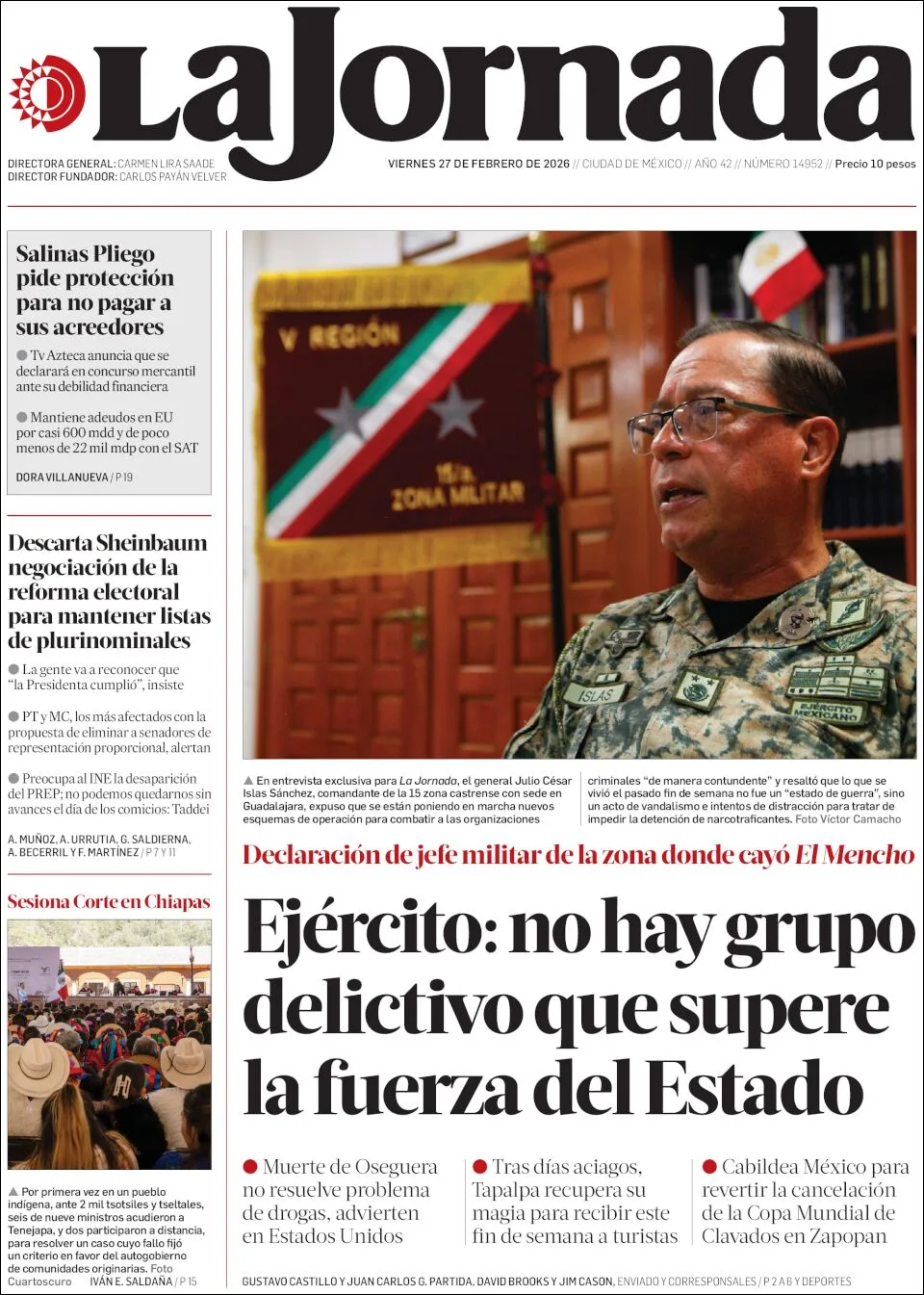 Portada de La Jornada del viernes, 27 de febrero de 2026