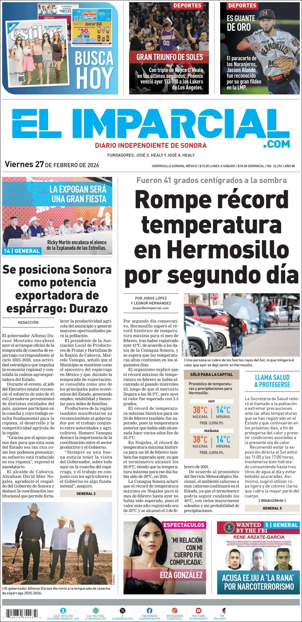 Portada de El Imparcial del viernes, 27 de febrero de 2026