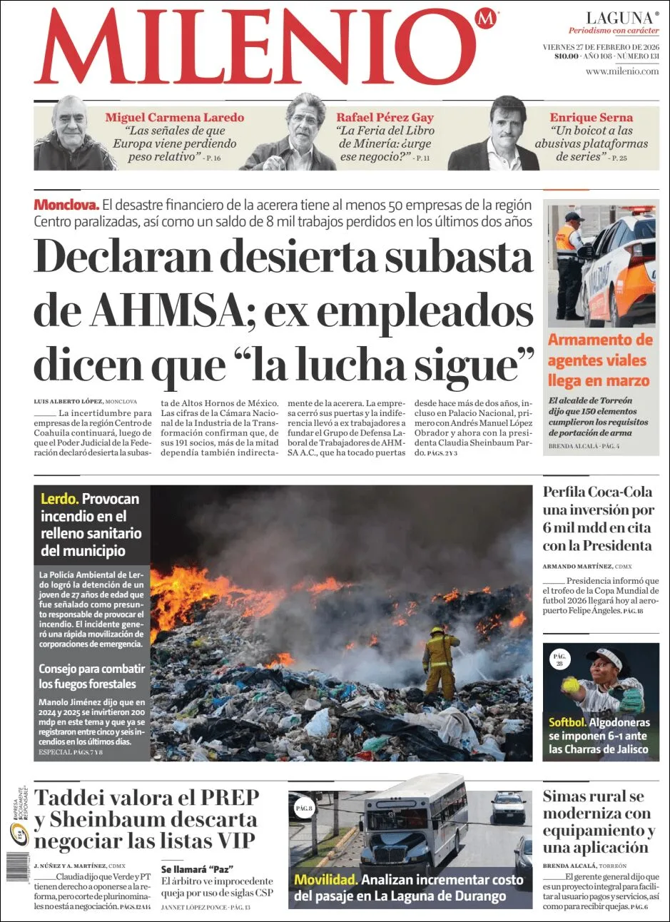 Portada de Milenio Laguna del viernes, 27 de febrero de 2026