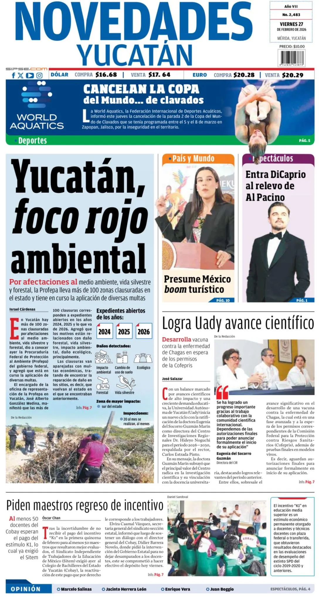 Portada de Novedades Yucatan del viernes, 27 de febrero de 2026