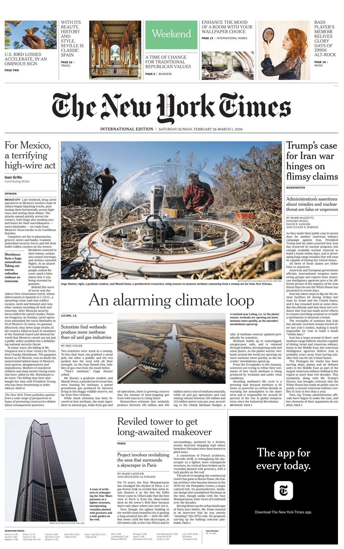 Portada de The New York Times (international) del sábado, 28 de febrero de 2026