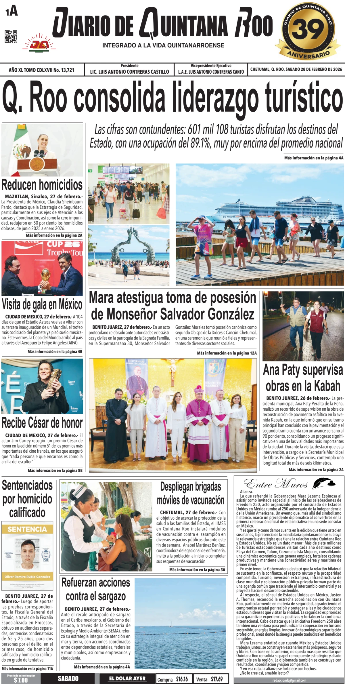 Portada de Diario de Quintana Roo (portada) del sábado, 28 de febrero de 2026