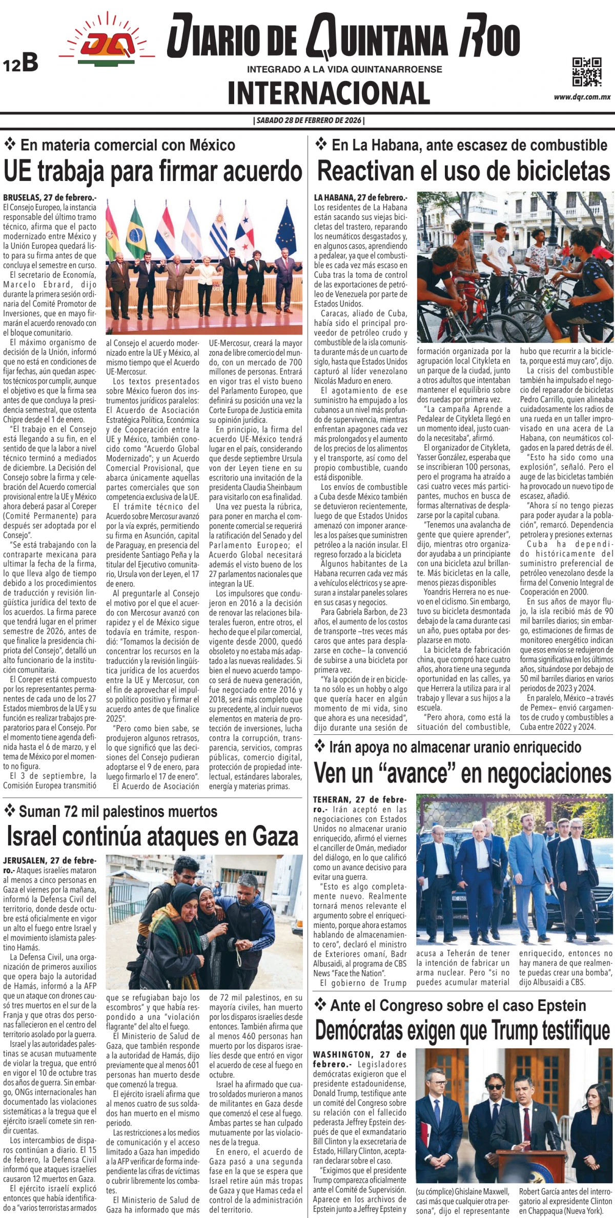 Portada de Diario de Quintana Roo (contra Portada) del sábado, 28 de febrero de 2026