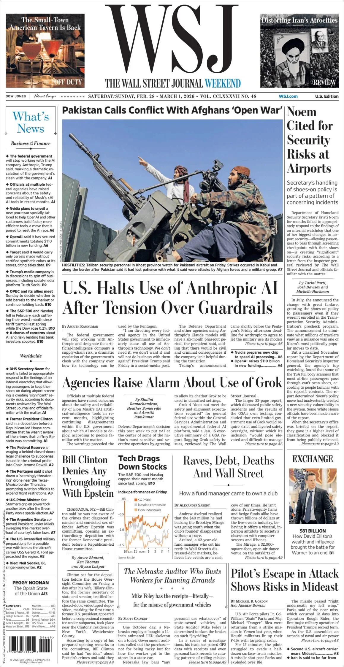 Portada de The Wall Street Journal del sábado, 28 de febrero de 2026