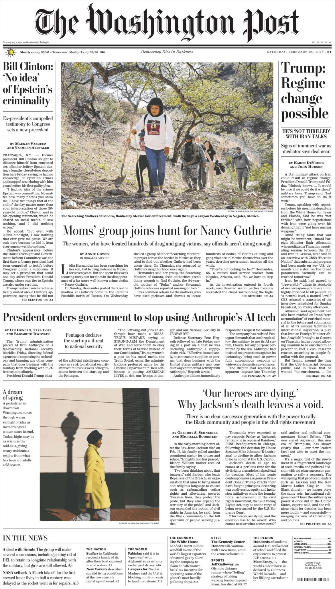 Portada de The Washington Post del sábado, 28 de febrero de 2026