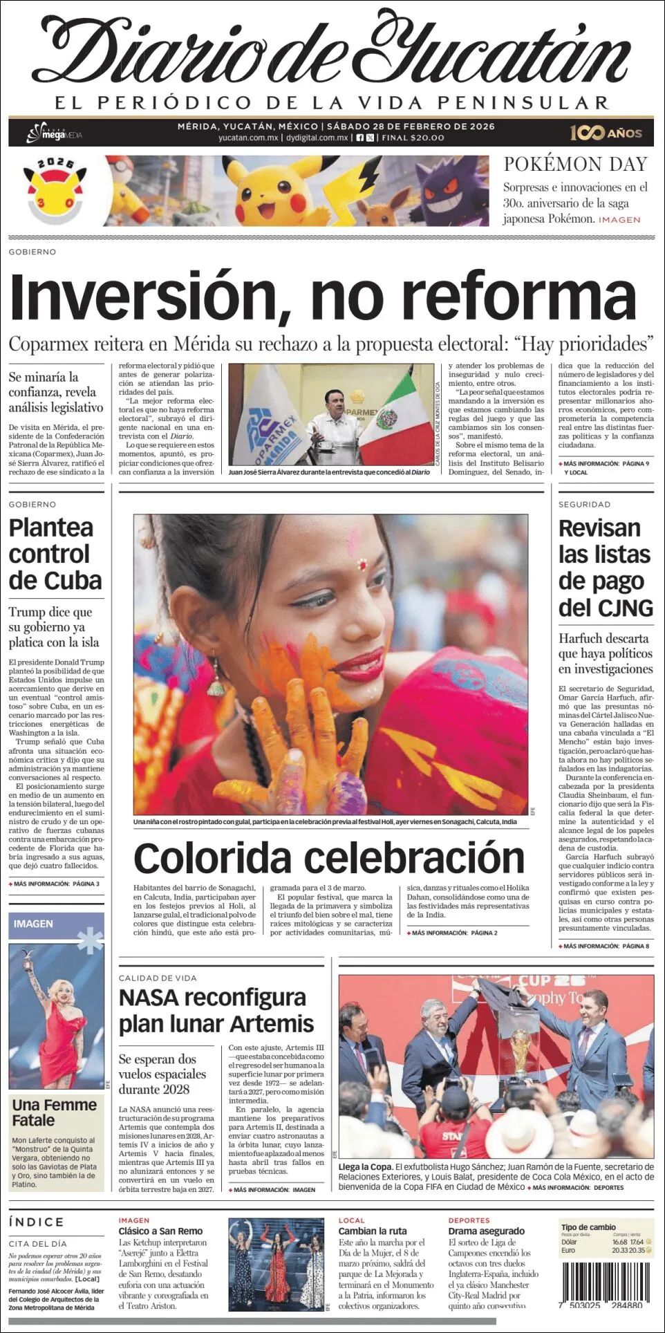 Portada de Diario de Yucatán del sábado, 28 de febrero de 2026