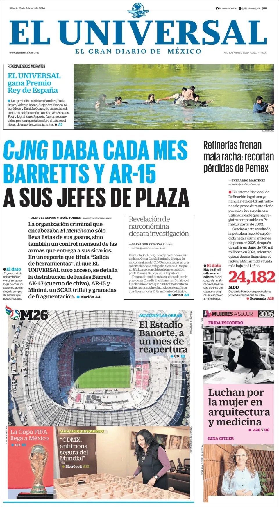 Portada de El Universal del sábado, 28 de febrero de 2026