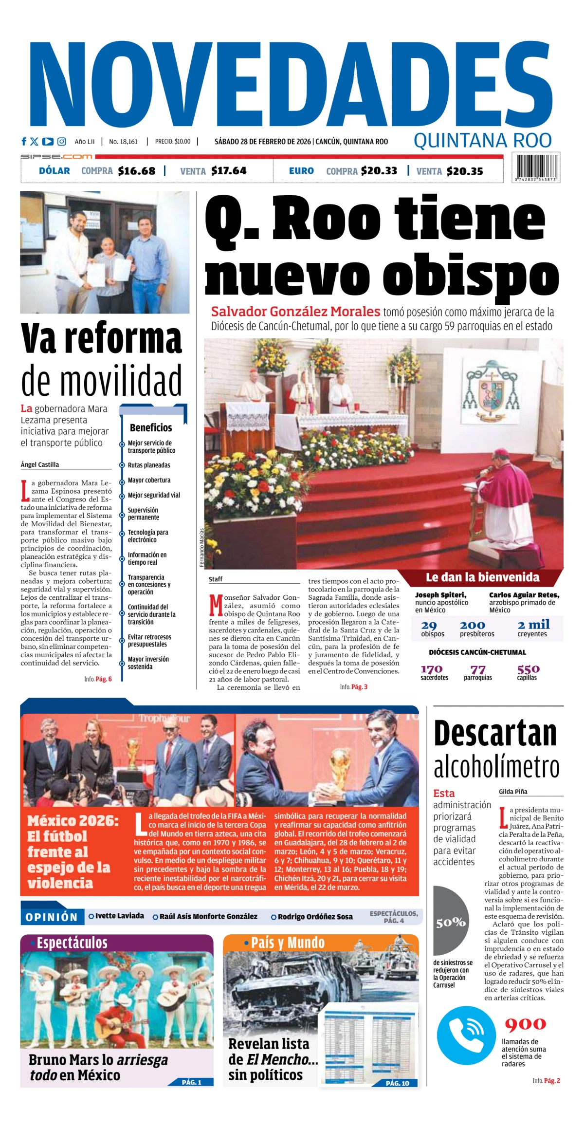 Portada de Novedades Quintana Roo del sábado, 28 de febrero de 2026